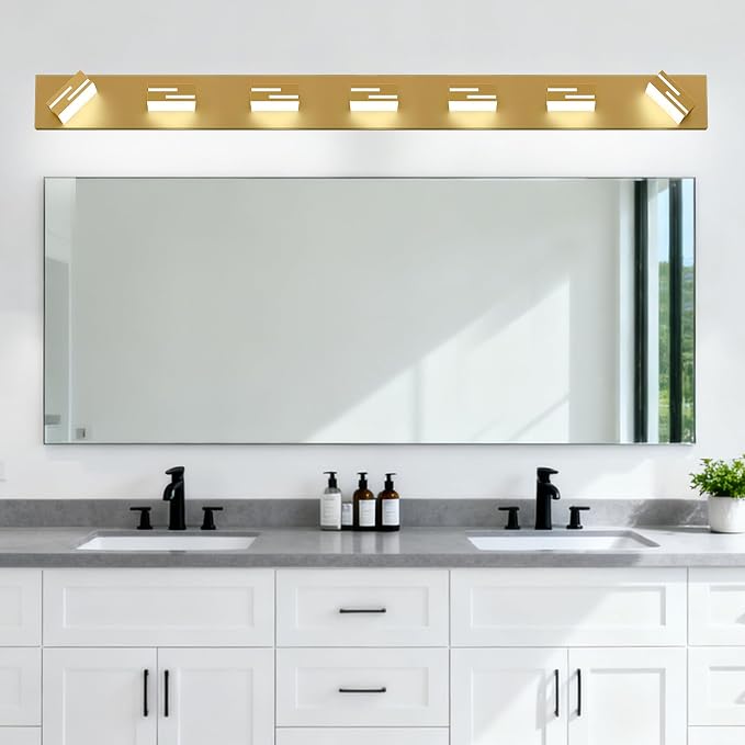 LED Modern Bathroom Vanity Light Fixtures, Dimmable Gold Vanity Lights for Bathroom Lighting Fixtures Over Mirror, with 360° Rotatable Heads 7-Light 48-inch (Cool White 6000K)