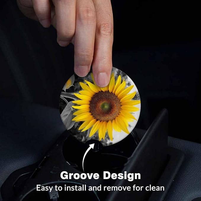 Bright Sunflower Car Cup Holder Coaster 2 Pack Absorbent Ceramic Car Coasters for Cup Holders Car Accessories Interior for Women Men Universal Anti Slip Cork Base Cup Coasters with Finger Notch