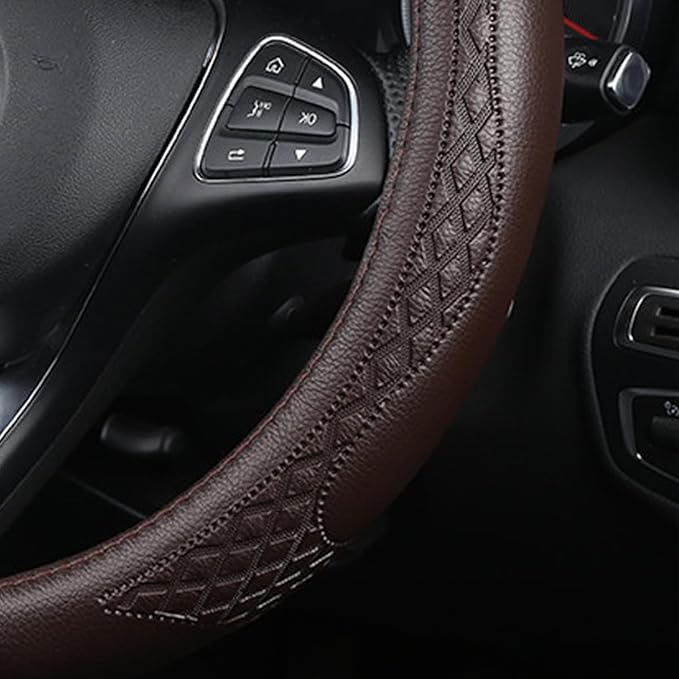 AUCELI Car Steering Wheel Cover, 14 1/2-15 inch Non-Slip Soft Breathable Leather Automotive Steering Wheel Protecteor, Vehicle Accessories for Men Women, Universal for SUV, Truck, RV(Coffee)