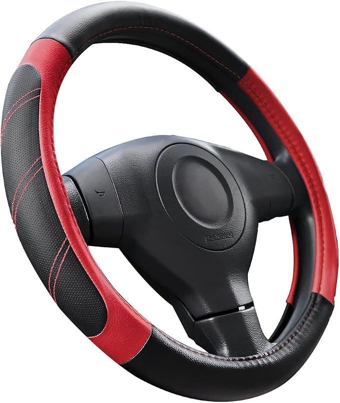 Osilly Car Steering Wheel Cover, 14.5-15" Leather Breathable Anti-Slip Stylish Steering Wheel Protector, Comfortable Auto Interior Decoration Accessories, Universal for SUV Van Truck (Black Red)