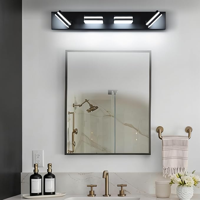 Torondo 360° Rotate LED Bathroom Vanity Light Fixtures, Acrylic Vanity Lights for Bathroom, Modern Wall Lighting Fixtures Over Mirror Living, Matte Black, Natural White, 4-Light, 27-Inch