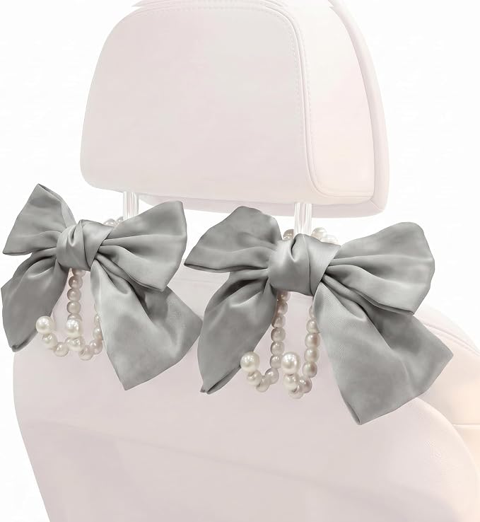 2PCS Satin Bow Pearl Car Seat Headrest Hooks β Car Bag Holder & Vehicle Hanger for Purses β Cute Coquette Aesthetic Interior Decoration β Cute Auto Organizer Accessories Universal (Moonlight Grey)