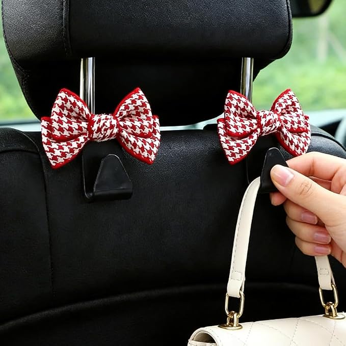2PCS Car Seat Headrest Hooks, Car Purse Hook, Cute Bow Knot Vehicle Seatback Hanging Storage Organizer, Auto Seatback Decor Organizer Hanger for SUV Truck (Small Houndstooth/Red)