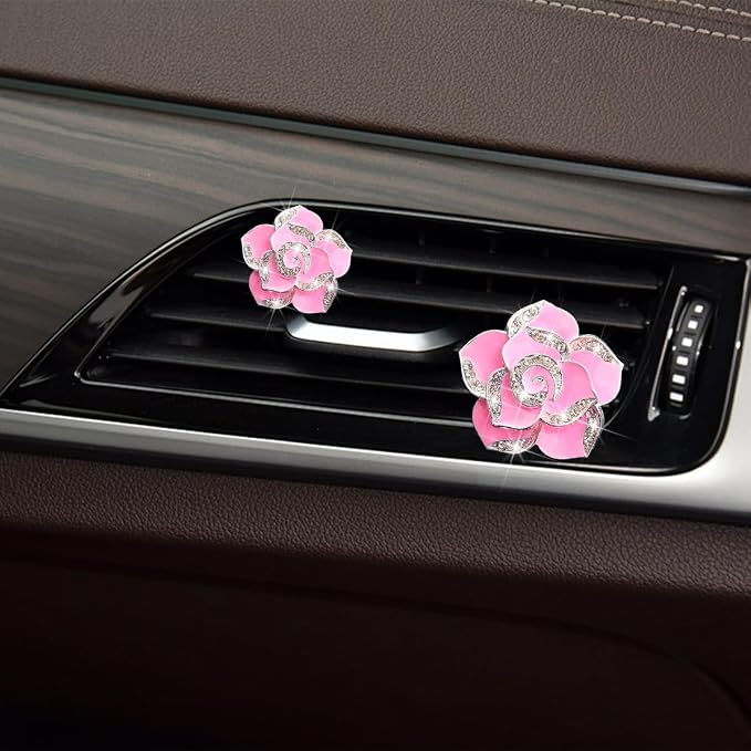 Osilly Bling Car Air Vent Clips, 4PCS/2Set Flower Rhinestone Vehicle Air Outlet Clamp, Sparkly Diamond Automotive Interior Vent Clip Charm Decor Accessories, Universal for SUV Truck RV (Pink)