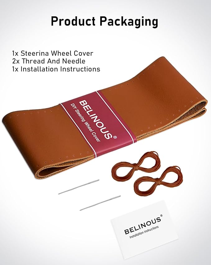 Belinous Leather Steering Wheel Cover Lace Up, Stitch on Steering Wheel Wrap, Universal Fit 13-20 Inch Car Truck Pickup Boat, A Whole Piece of Cowhide, DIY w/Needle Thread (Size XXL0, Brown)