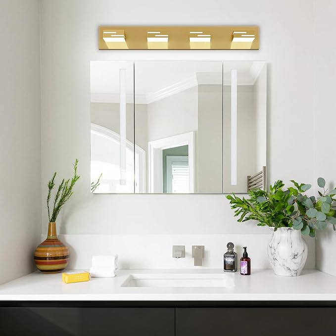 LED Modern Bathroom Vanity Light Fixtures, Dimmable Gold Vanity Lights for Bathroom Lighting Fixtures Over Mirror, with 360° Rotatable Heads 4-Light 30-inch (Cool White 6000K)