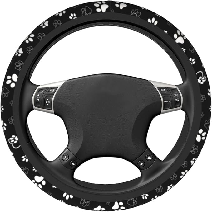 Paw Print Steering Wheel Cover - Black White Dog Paw Steering Wheel Car Accessories Universal 15 Inch Cute Steering Wheel Cover Girls Women Men Anti Slip Breathable Wheel Cover