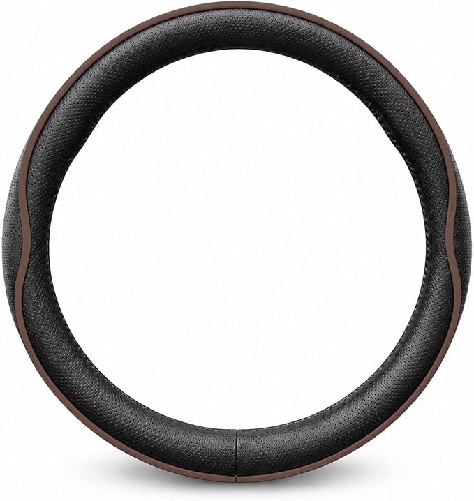 Car Steering Wheel Cover Full Surround - Soft Breathable Anti-Slip Heavyweight Safety Cover, Thick Cushioned Sports Style Universal Fit for Auto Truck SUV (Black/Coffee)