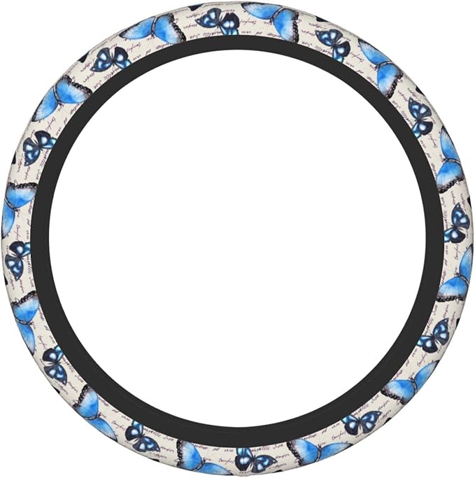 Vintage Butterfly Blue Steering Wheel Cover for Women Men Girls Car Accessories Decor Anti-Slip Neoprene Auto Steering Wheel Covers Protector Universal 15 Inch