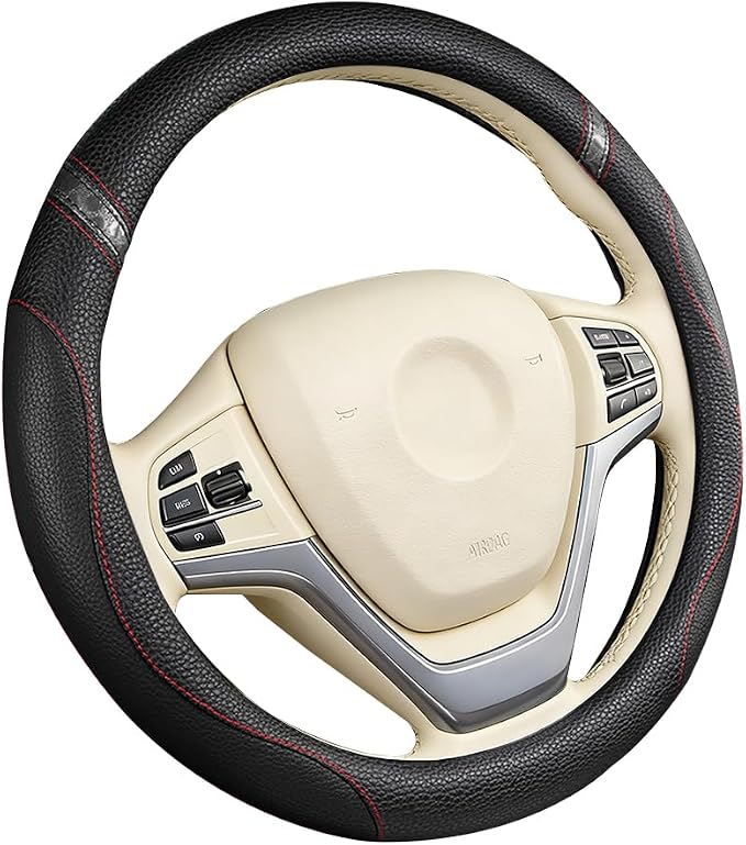 Car Steering Wheel Cover, Leather Anti-Slip Stretch Breathable Vehicle Steering Wheel Protector, Automotive Interior Protection Accessories for Men Women, Universal Fit (Black)