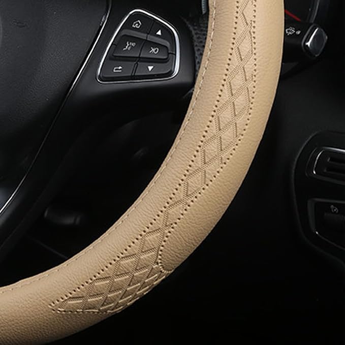 AUCELI Car Steering Wheel Cover, 14 1/2-15 inch Non-Slip Soft Breathable Leather Automotive Steering Wheel Protecteor, Vehicle Accessories for Men Women, Universal for SUV, Truck, RV(Beige)