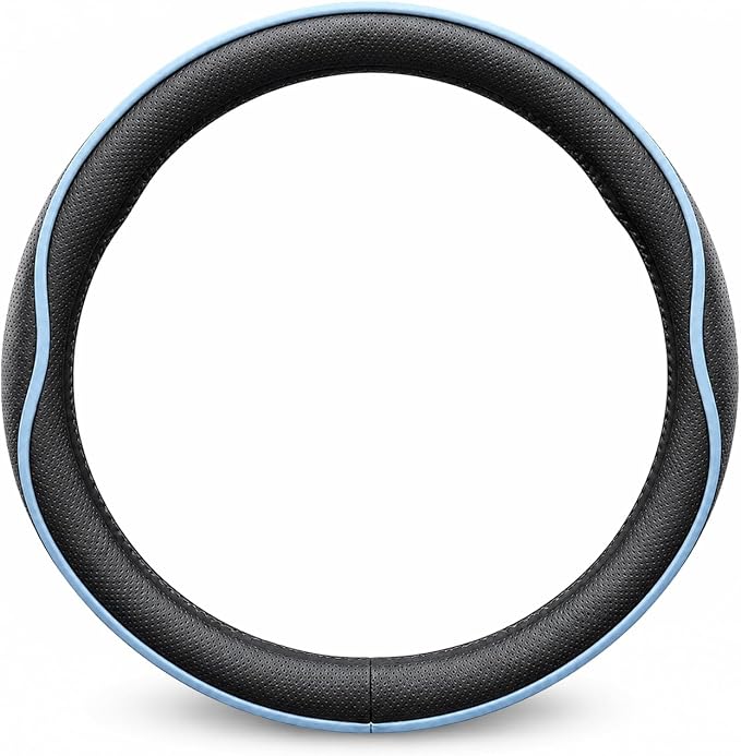 Car Steering Wheel Cover Full Surround - Soft Breathable Anti-Slip Heavyweight Safety Cover, Thick Cushioned Sports Style Universal Fit for Auto Truck SUV (Black/Sky Blue)
