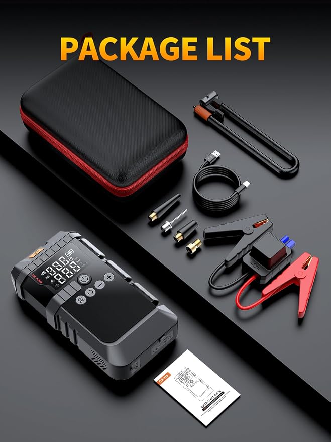 Portable Battery Jump Starter with Air Compressor for Car | 12V Jump Box with 160PSI Tire Inflator for Car Battery, LED Display for All Gas & 12L Diesel Engines, Light, Jumper Cables