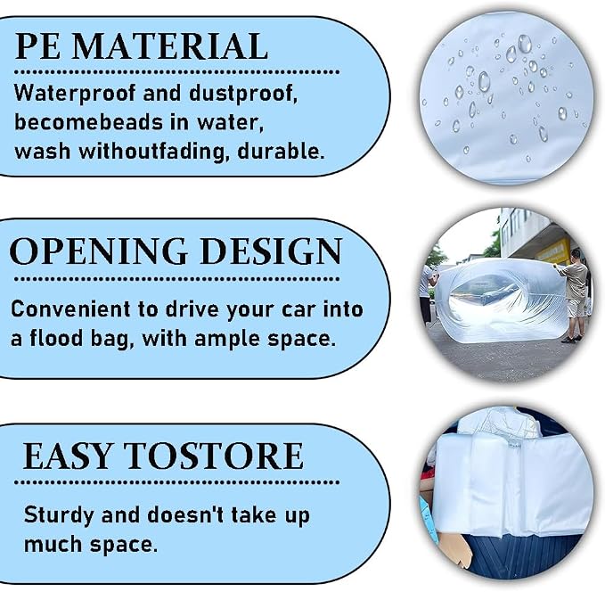 Universal Plastic Car Cover, Fully Enclosed Sealed Car Flood Cover, 13x23 ft Universal Plastic Car Cover, Reusable PE Material