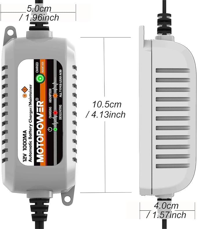 MOTOPOWER MP00205B 12V 1000mA Automatic Battery Charger, Battery Maintainer, Trickle Charger, and Battery Desulfator with Timer Protection - Grey