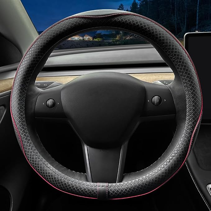 LKWLIKEI Nappa Leather Ultra-Thin Steering Wheel Cover, for Tesla Model 3/Y Steering Wheel Cover, Non-Slip Design and Interior Modification of car Accessories (Black and Red)