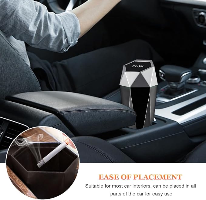 Car Trash Can with Lid, Diamond Design Leakproof Vehicle Cup Holder Garbage Can, Waterproof Trash Bin Mini Portable Garbage Organizer for Cars Homes Offices Bedrooms (Silver)