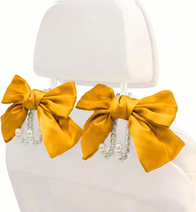 2PCS Satin Bow Pearl Car Seat Headrest Hooks β Car Bag Holder & Vehicle Hanger for Purses β Cute Coquette Aesthetic Interior Decoration β Cute Auto Organizer Accessories Universal (Glod)