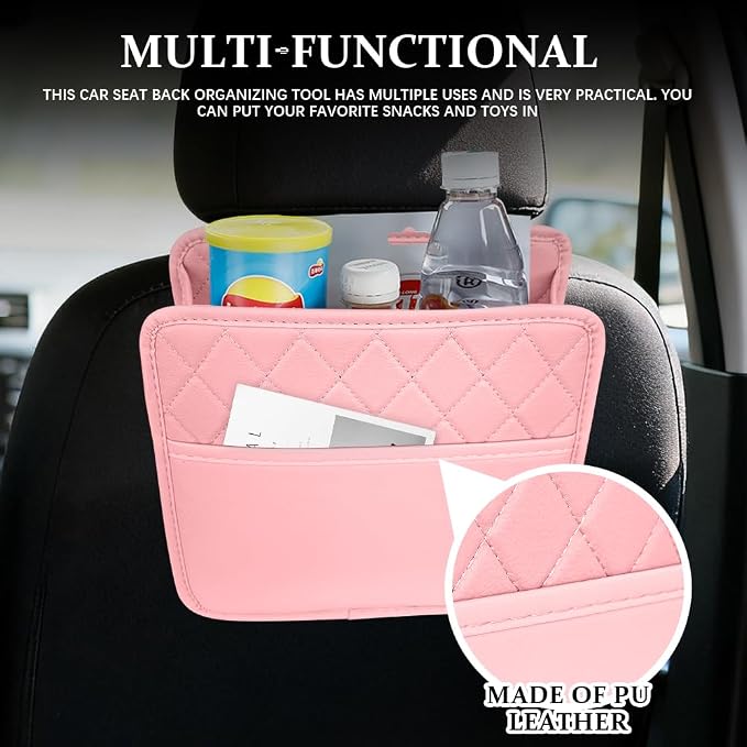 Car Seat Back Organizer, Car Organizers and Storage, PU Leather Vehicle Backseat Hanging Storage Pocket, Multipurpose Auto Organizer Hanging Universal for Most Vehicles (Pink without Pocket)
