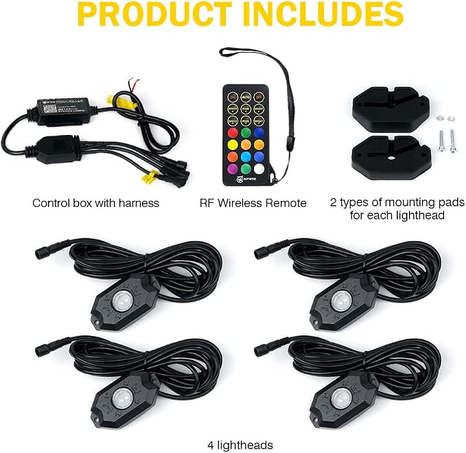 Xprite Colorful LED Rock Lights Kit with Bluetooth & Wireless Remote Controller, Multicolor Cars Underglow, Wheel, Footwell Neon Light Kits, for Off-Road UTV ATV Trucks SUV Motorcycle Boats - 4 Pods