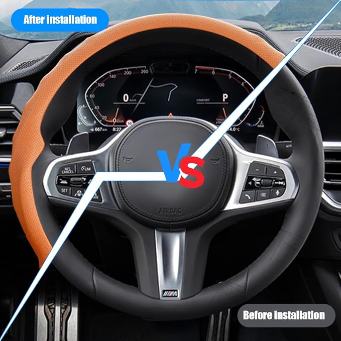 Car Steering Wheel Cover, 15 inch Nappa Leather Anti-Slip & Ultra-Thin 5D Vehicle Steering Wheel Protector, Breathable Automotive Interior Accessories, Universal Fit (Orange)