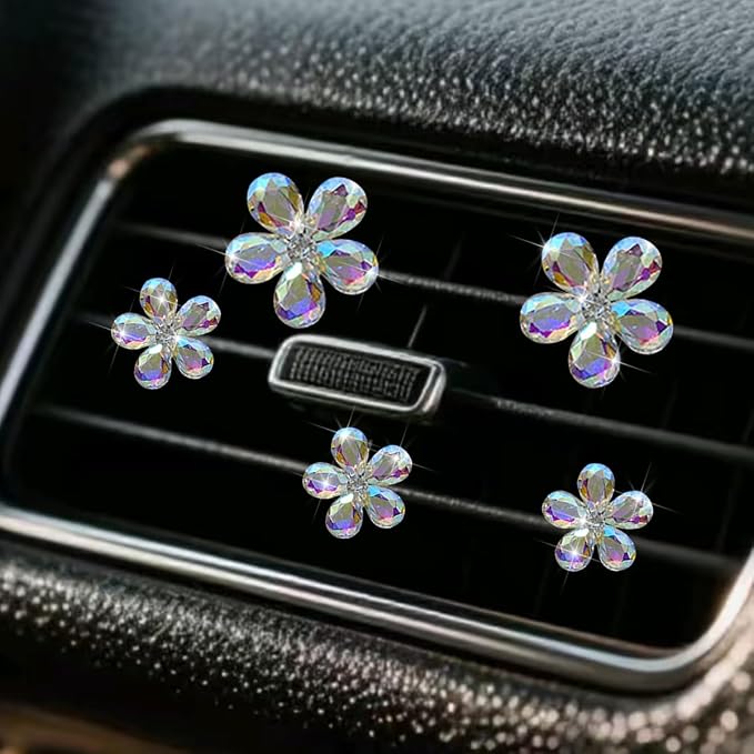 Zpana Bling Daisy Flower Car Air Vent Clips, 5PCS Sparkling Crystal Rhinestone Cute Vehicle Air Conditioning Clamp, Diamond Auto Air Outlet Clip Decor for Women Girls, Universal Fit (Multicolor)