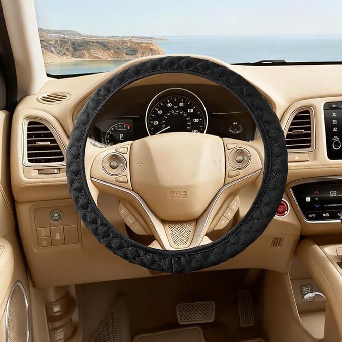 Elastic Stretch Car Steering Wheel Cover, 15Inch Breathable Ice Silk Vehicle Steering Wheel Protecter, Cool in Summer Automotive Interior Protection, Universal for SUV Sedan Truck (Black)