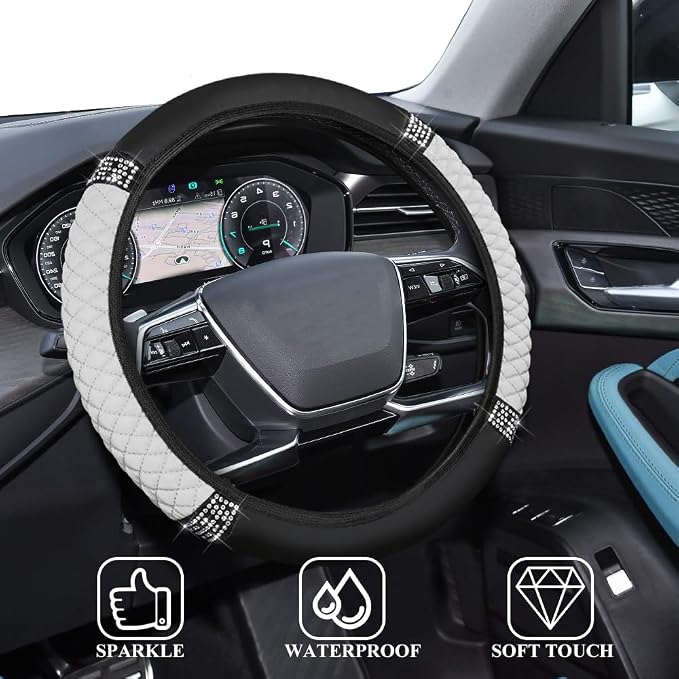 Bling Soft Leather Steering Wheel Cover, 15 Inch Colorful Rhinestones Auto Elastic Steering Wheel Protector for Women Girls, Car Accessories Anti Slip Steering Wheel Cover for Cars, SUVs (White)