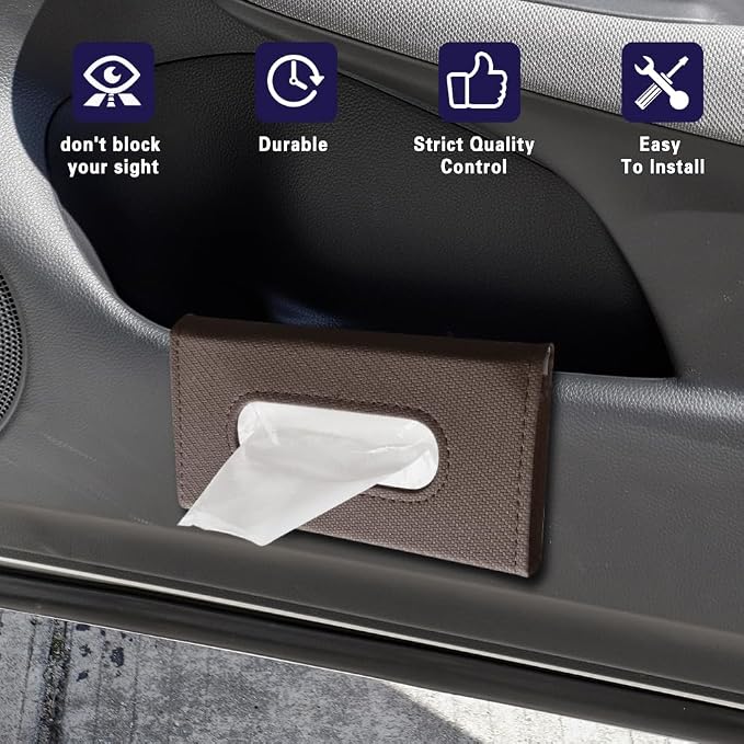 Car Visor Tissue Holder, Tissue Box Holder for Car, Leather Auto Sun Visor Napkin Case Mask Dispenser, Automotive Accessories Rectangular Hanging Auto Napkin Box Fit for Most Vehicles (Brown)