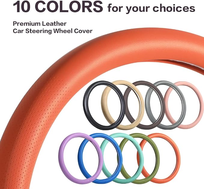 Car Steering Wheel Cover,Universal 15 Inch Premium Leather Car Steering Wheel Cover,Best Grip,Perforated Design,Breathable,Non-Slip,Sweat-Absorbent,Warm in Winter and Cool in Summer (Green)