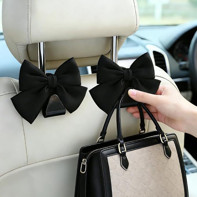2PCS Car Seat Headrest Hooks, Car Purse Hook, Cute Bow Knot Vehicle Seatback Hanging Storage Organizer, Auto Seatback Decor Organizer Hanger for SUV Truck (Black)
