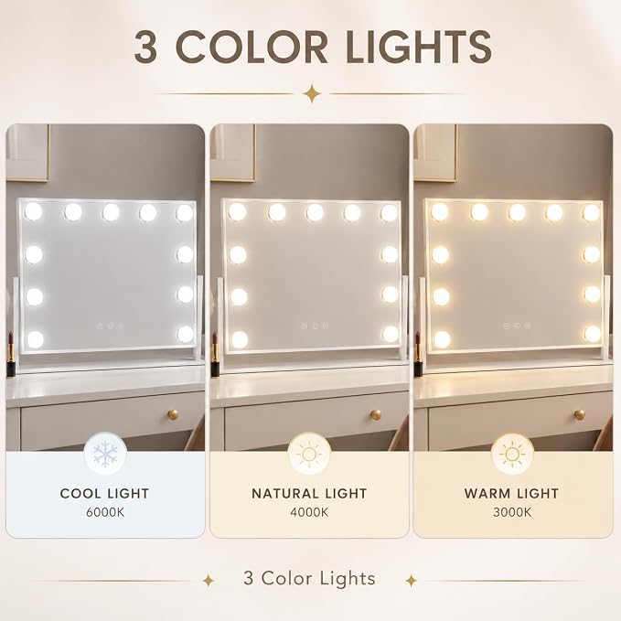 FENNIO Horizontal Hollywood Vanity Mirror with Lights, 17" x 13" Lighted Makeup Mirror with 11 Dimmable LED Bulbs, 3 Color Lights, Touch Control, Tabletop Vanity Mirror for Makeup Desk, White