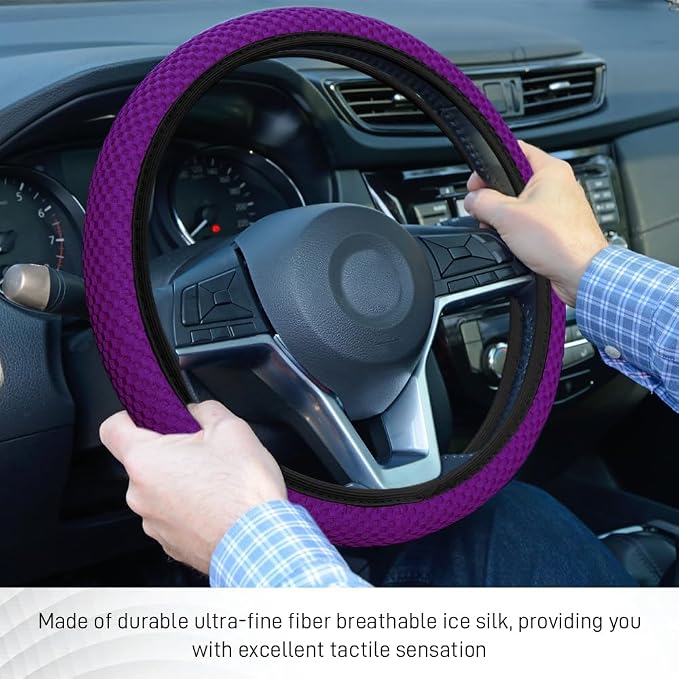 Elastic Stretch Steering Wheel Cover, Steering Wheel Protector, 15 Inch Anti-Slip Breathable Microfiber Ice Silk Protection, Easy Carry, Warm in Winter & Cool in Summer for Cars (Violet)