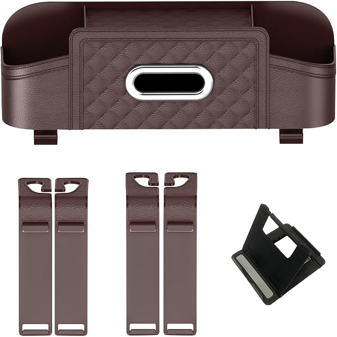 Mandark Car Headrest Backseat Organizer, Multifunctional Vehicle Seat Back Storage Box with Drink Cup Holder and Hooks, Automotive Travel Accessories, Universal for SUV, Sedan, Truck (Brown)