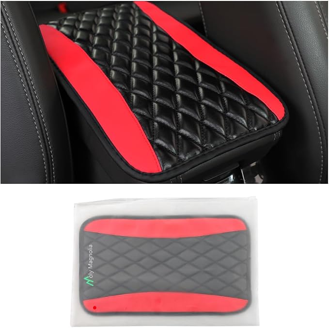 Moly Magnolia Car Center Console Cushion Pad, Universal Leather Waterproof Armrest Seat Box Cover Protector,Comfortable Car Decor Accessories Fit for Most Cars, Vehicles, SUVs (Red)
