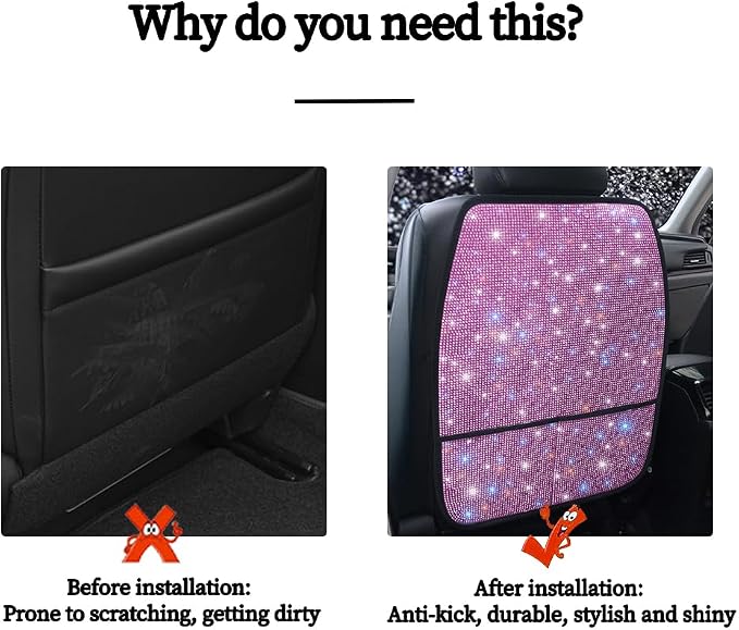 Bling Kick Mats for Car Seats with Pockets – Crystal Diamond Protectors for Girls & Women, Easy-to-Install Backseat Kick Mats with Storage & Sparkling Rhinestones Pink 2pcs
