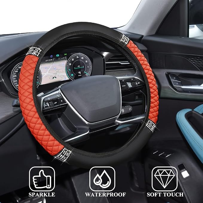 Bling Soft Leather Steering Wheel Cover, 15 Inch Colorful Rhinestones Auto Elastic Steering Wheel Protector for Women Girls, Car Accessories Anti Slip Steering Wheel Cover for Cars, SUVs (Orange)
