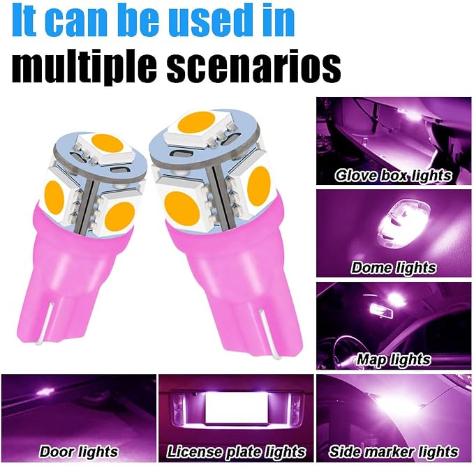 smilfuy 2PCS T10 194 LED Bulbs Tag Lights for License Plate, 6000K Pink | Wedge 168 T10 2825 5SMD 5050 Chips LED Bulb, 12V Bulb Replacement for Car Interior Dome Map Door Courtesy License Plate Light