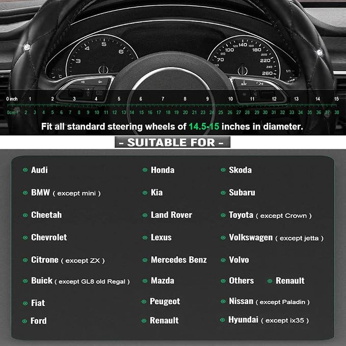 Diamond Leather Bling Steering Wheel Cover, Universal Car Steering Wheel Protector with Crystal Rhinestones Anti-Slip Soft Interior Accessories for Women and Girl Fit 15 inch -Black
