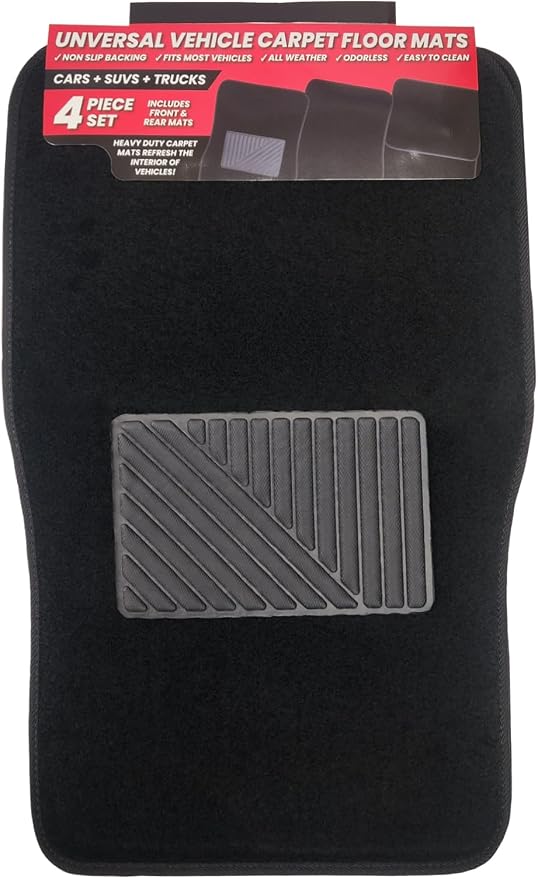 Premium 4-Piece Carpet Car Floor Mats Set with Heel Pad - Universal Fit for for Cars, Trucks & SUVS (Black)