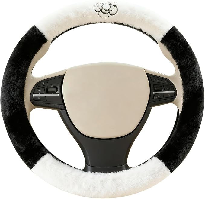 Camellia Flower Plush Steering Wheel Cover, Universal 14.5-15 Inch Winter Plush Warm Steering Wheel Cover, Soft Fluffy, Anti-Slip Design, Soft Texture (Black+White)