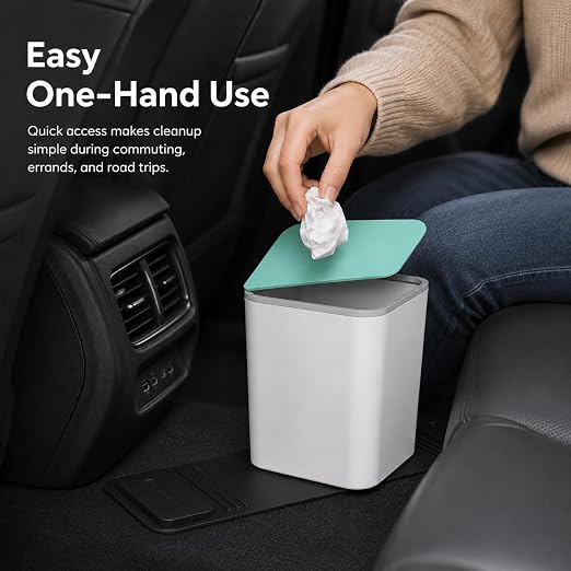 Mini Car Trash Can with Press Lid, Leakproof One-Piece Design, ABS Plastic Garbage Bin with Stainless Steel Spring for Auto Interior (White)