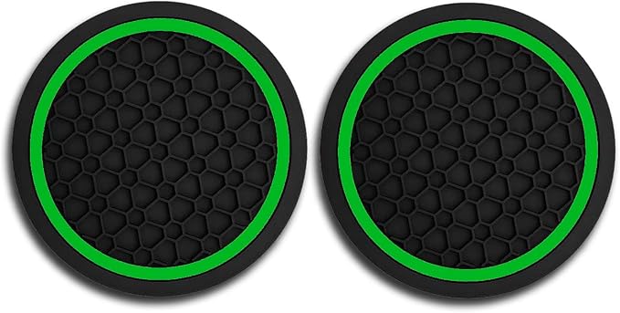 Car Cup Holder Coasters, Dustproof Automotive Interior Accessories Mat,2.75 Inch Non-Slip Insert Water Bottle Holder Pads, Universal for Vehicles, Trucks, RVs and More (Black/Green, 2PCS)