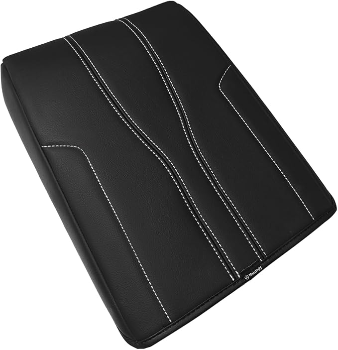 Muslogy Center Console Armrest Cover Fit for GMC Acadia & Chevy Traverse 2024-2026 Accessories, Comfort Armrest Pad Console Lid Cushion Protector Vegan Leather Regular Thick (Black/White Trim)