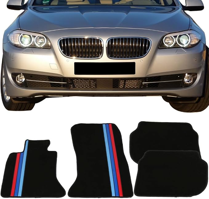 Fit 2011-2016 BMW F10 5-Series Floor Mat Nylon Black with 3 Colors Stripes | IKON MOTORSPORTS, Front & Rear Factory M Color Stripe Car Floor Carpets Carpet liner 2012 2013 2014 2015