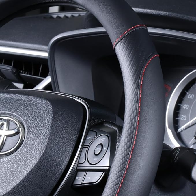 Carbon Fiber Leather Steering Wheel Cover Black - Premium Perforated Leather Sport Wrap with Odorless Rubber Non-Slip Inner, Universal Fit for Cars Trucks SUVS - 15 Inch