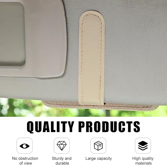 povtii Car Sun Visor Organizer, Waterproof Leather Car Sun Visor Storage Clip, Multifunctional Vehicle Sun Visor Folder with Sunglasses Clip, Universal Interior Car Accessories (Beige)