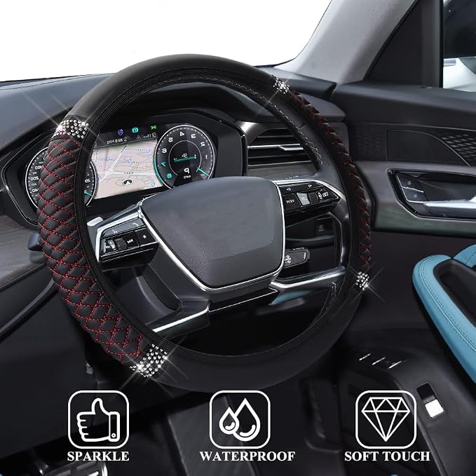 Bling Soft Leather Steering Wheel Cover, 15 Inch Colorful Rhinestones Auto Elastic Steering Wheel Protector for Women Girls, Car Accessories Anti Slip Steering Wheel Cover for Cars, SUVs (Black red)