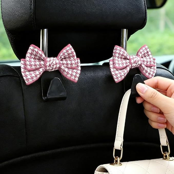 2PCS Car Seat Headrest Hooks, Car Purse Hook, Cute Bow Knot Vehicle Seatback Hanging Storage Organizer, Auto Seatback Decor Organizer Hanger for SUV Truck (Small Houndstooth/Pink)