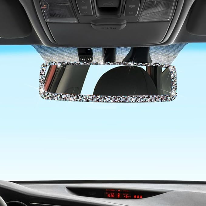 Osilly Bling Car Rearview Mirror, Decorations Rear View Mirror with Crystal Rhinestones & Diamonds, Car Interior Trim Accessories, Clip-on & HD Glass, Sparkly Gift (AB Color+Purple)